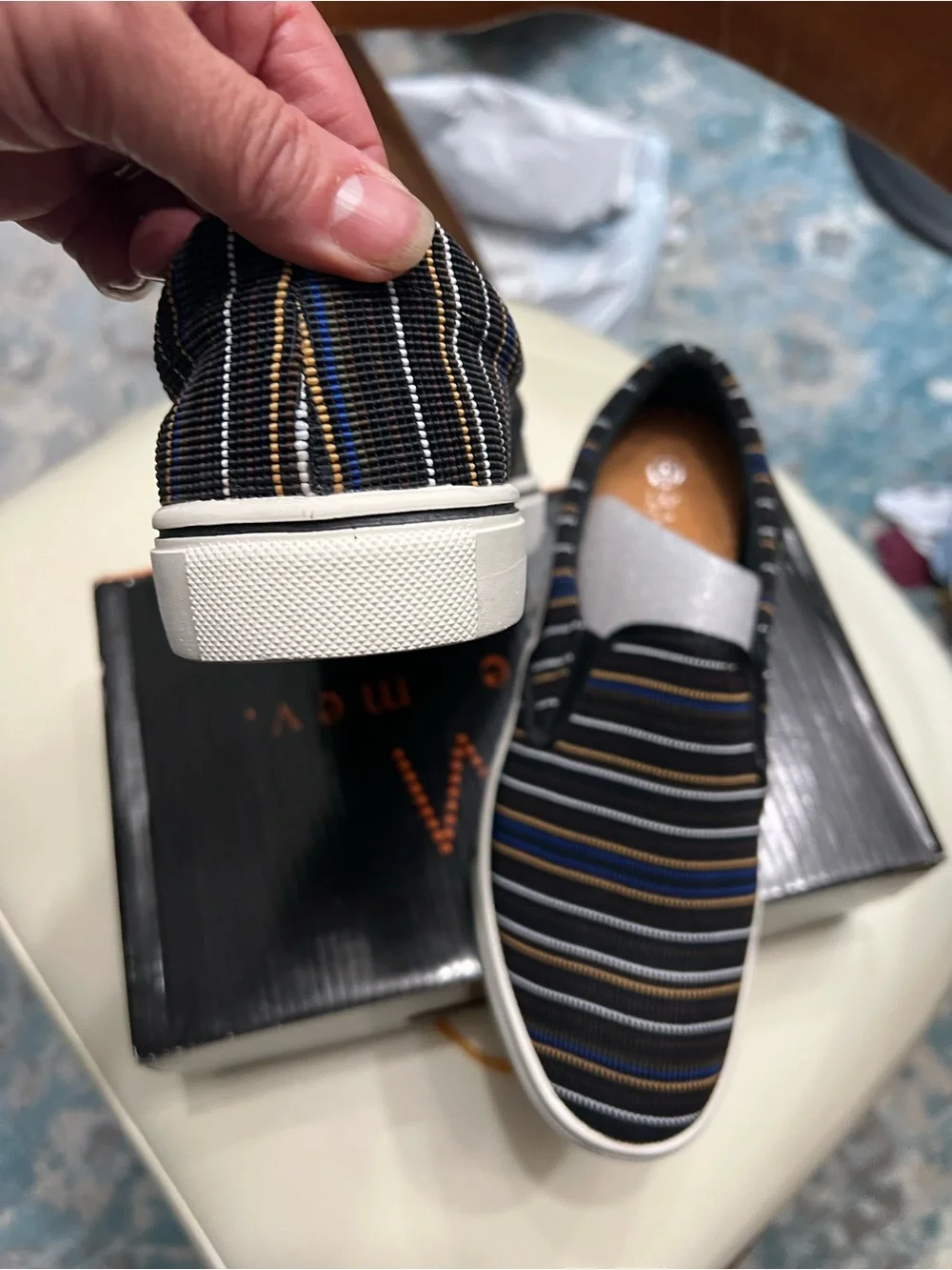 bernie mev. Black Striped Slip-On Flats with Blue and Tan Accents